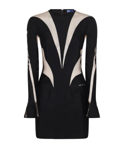 Mugler Sheer-panelled Fitted Minidress In Black