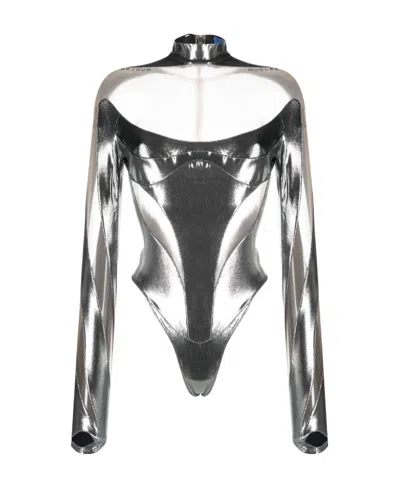 Mugler Sheer-panelled Metallic Bodysuit In White