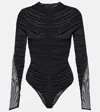 Mugler Gathered Semi-sheer Bodysuit In Black