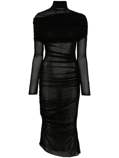 Mugler Sheer Ruched Dress In Black