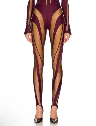 Mugler Sheer Spiral Stirrup Leggings In Raisin Black Mesh Illusion In Purple