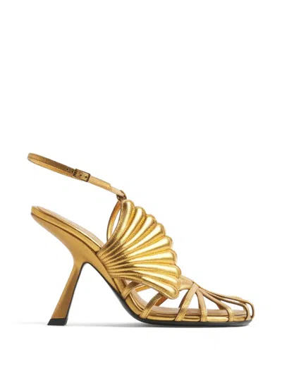 Mugler Shell-detail T-strap Sandals In Gold