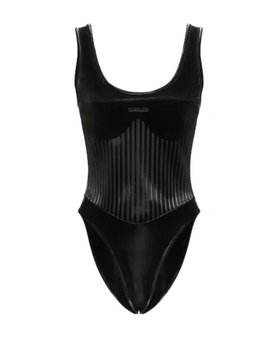 Mugler Shining Stretch Bodysuit In Black