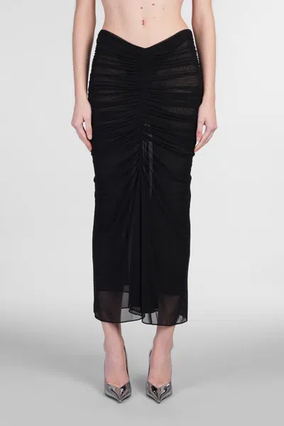Mugler Black Ruched Mesh Midi Skirt