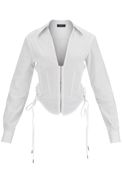 Mugler Slim Fit V-neck Optical White Organic Cotton Shirt