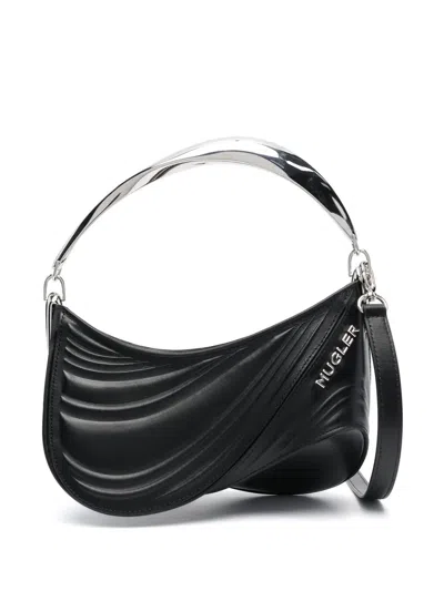 Mugler Spiral Curve Embossed Crossbody Bag In Black Calf Leather