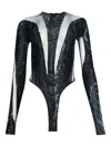 Mugler Snake-print Mesh Bodysuit In Gray