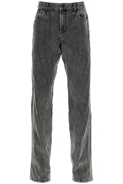 Mugler Washed Effect Baggy Fit Jeans With Decorative Diagonal Stitc In Gray