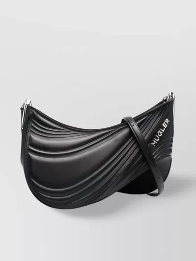 Mugler Spiral Curve Curved Leather Shoulder Bag In Black