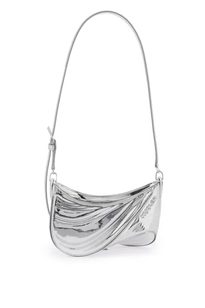 Mugler Spiral Curve Handbag In Laminated Faux Leather With Adjustable Shoulder Strap In Grey