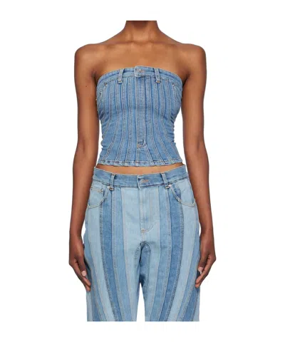 Mugler Spiral Denim Bustier In Blue