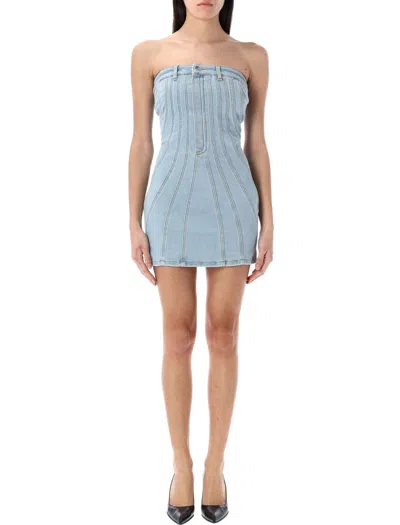 Mugler Spiral Denim Bustier Dress In Blue