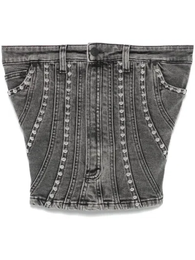 Mugler Spiral Denim Studded Bustier In Black