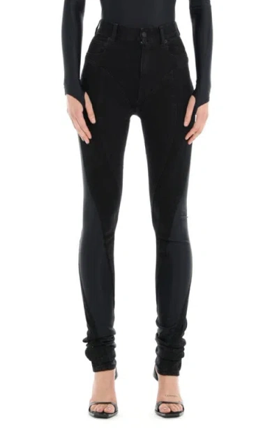 Mugler Spiral High Waist Denim & Jersey Skinny Jeans In Black/black