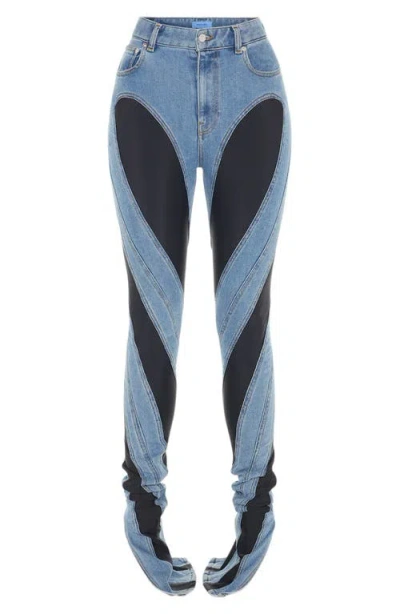 Mugler Spiral High Waist Denim & Jersey Skinny Jeans In Medium Blue/black