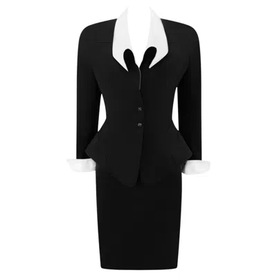 Pre-owned Mugler S/s 1992 Thierry  Runway Curved White Lapel Black Velvet Detail Skirt Suit
