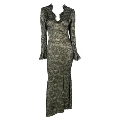 Pre-owned Mugler S/s 1995 Thierry  Plunging Taupe Satin Black Floral Lace Overlay Gown 40fr