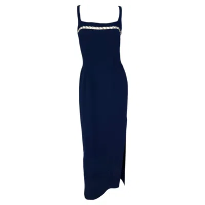 Pre-owned Mugler S/s 1999 Thierry  Navy Silver Chain Cutout Accent Slit Gown 42fr In Blue