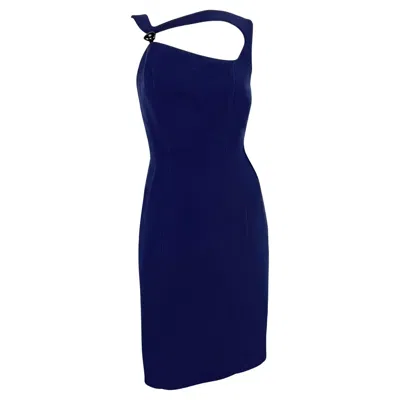 Pre-owned Mugler S/s 1999 Thierry  Runway Navy Abstract Brooch Midi Pencil Dress Fr40 In Blue