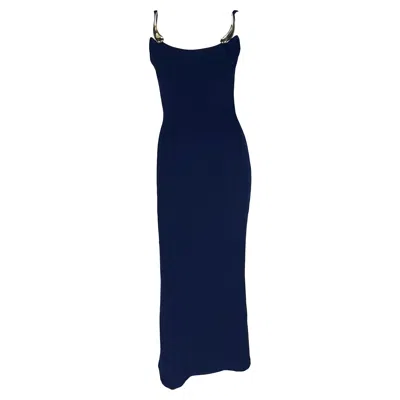 Pre-owned Mugler S/s 1999 Thierry  Runway Sculptural Abstract Brooch Strap Navy Gown Fr38 In Blue