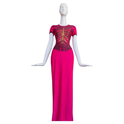 Pre-owned Mugler Ss 2000 Beautiful Dress Evening Gown Skeleton Leaf Print In Red