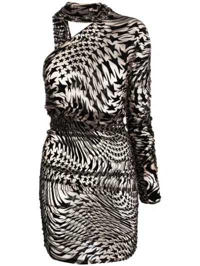 Mugler Star Mesh Asymmetric Minidress In Black