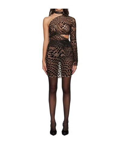 Mugler Star Mesh Asymmetric Minidress In Black