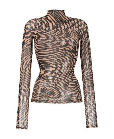 Mugler Star Mesh Long-sleeve Top In Nude