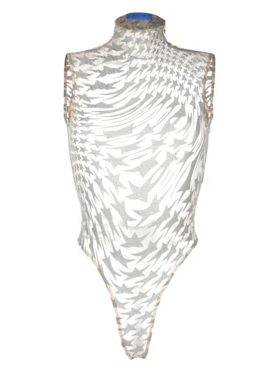 Mugler Star-mesh Sleeveless Bodysuit In Beige