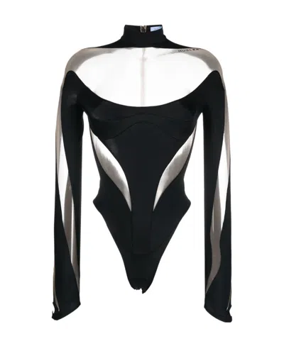 Mugler Star-print Mesh Bodysuit In Black