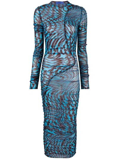 Mugler Star-print Ruched Dress In Blue