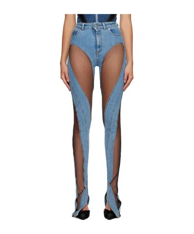 Mugler Stitched Design Denim Pants In B6401 Medblue/nude01