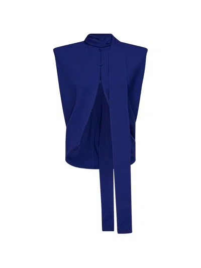 Mugler Structured Top With Dramatic Scarf Detail In Blue