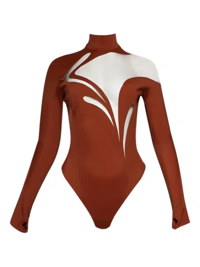 Mugler Swirly High-neck Bodysuit In Brown