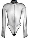 Mugler Mesh Bodysuit With Long Sleeves And High Neck In Gray