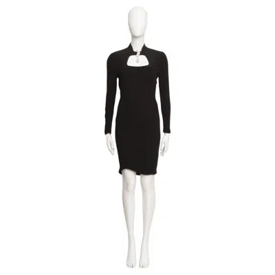 Pre-owned Mugler Thierry  1980's Cut Out Long Sleeve Dress Crystal Strass Drop Curved Hem In Black
