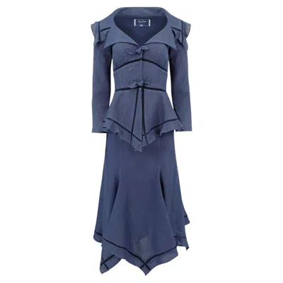 Pre-owned Mugler Thierry  1990s Navy Linen Peplum Jacket And Skirt Set In Blue