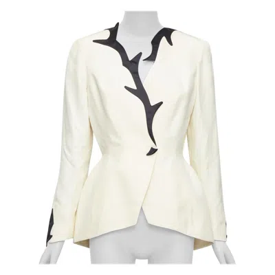 Pre-owned Mugler Thierry  1998 Vintage Off White Cotton Border Collar Peplum Blazer Fr40 L