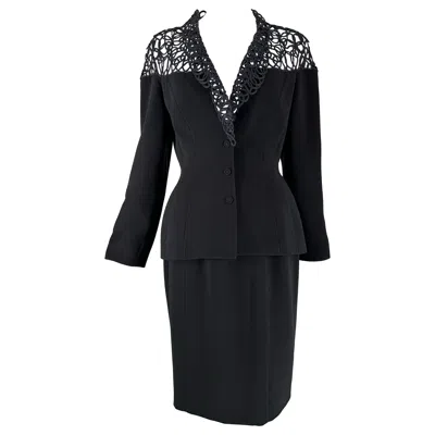 Pre-owned Mugler Thierry  Black Cord Lace Hourglass Jacket & Skirt Set 1980s 40