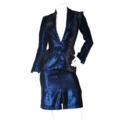 Pre-owned Mugler Thierry  Blue Velvet Iridescent Archival Vintage Skirt Suit Circa 1998