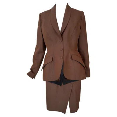 Pre-owned Mugler Thierry  Brown Wool Twill Skirt Set Cut Out Collar & Hem 1980s 40