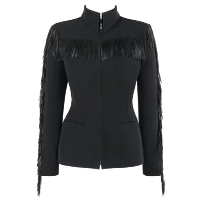 Pre-owned Mugler Thierry  C.1990's Vtg Black Fringe High Collar Structured Zip Up Jacket