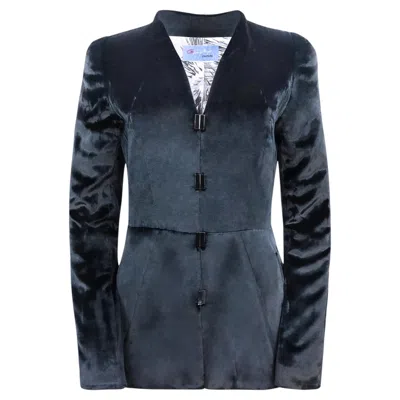 Pre-owned Mugler Thierry  Couture 1990s Tailored Navy Velvet Jacket With Shoulder Pads In Blue