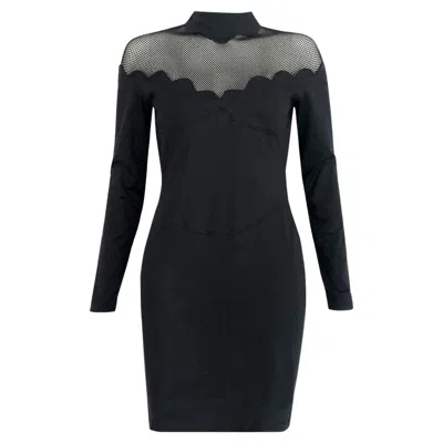 Pre-owned Mugler Thierry  Dress - 1980s Vintage - Scalloped Hem + Stretch Fishnet Details In Black