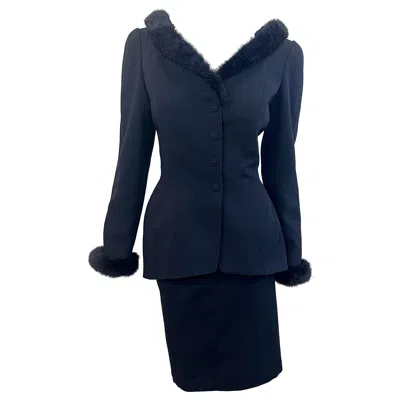 Pre-owned Mugler Thierry  Fall 1991 Black Faux Fur Trim Size 40 / 6 Vintage 90 Skirt Suit