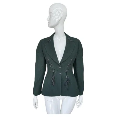 Pre-owned Mugler Thierry  Forest Green Boucl� Wool Lace Up Blazer M