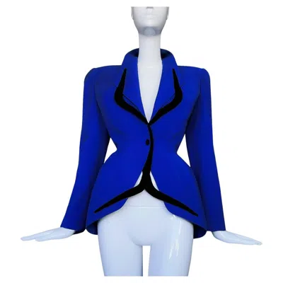 Pre-owned Mugler Thierry  Fw 1998 Blue Jacket With Dramatic Black Velvet Details