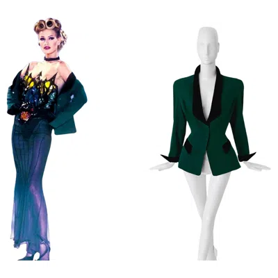 Pre-owned Mugler Thierry  Fw1992 Runway Blazer Green Wool Black Velvet Rare Dramatic 90s
