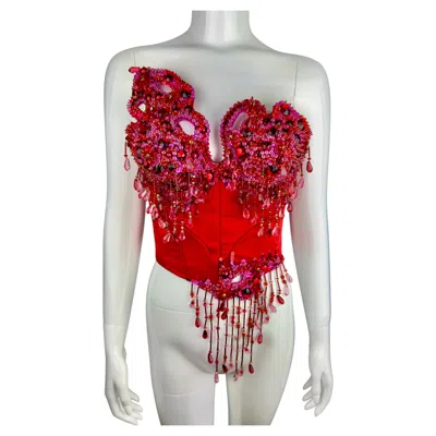 Pre-owned Mugler Thierry  Haute Couture Red Rhinestone Adorned Bustier Corset, Fall 1992