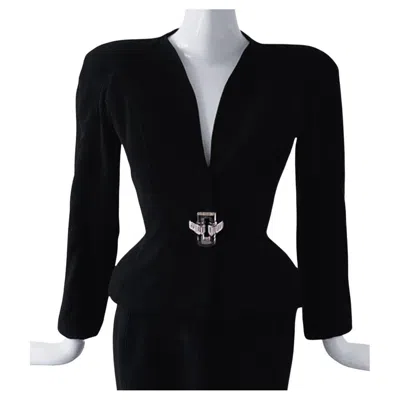 Pre-owned Mugler Thierry  Runway Black Suit Skirtsuit Lucite Gem Buckle Blazer Jacket